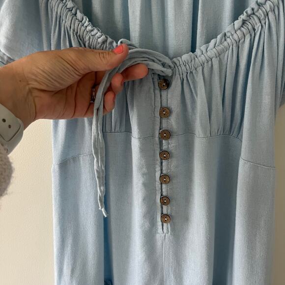 Free People Blue Perri Puff Sleeve Button Front Drop Waist Mini Dress Size Large - Picture 10 of 14